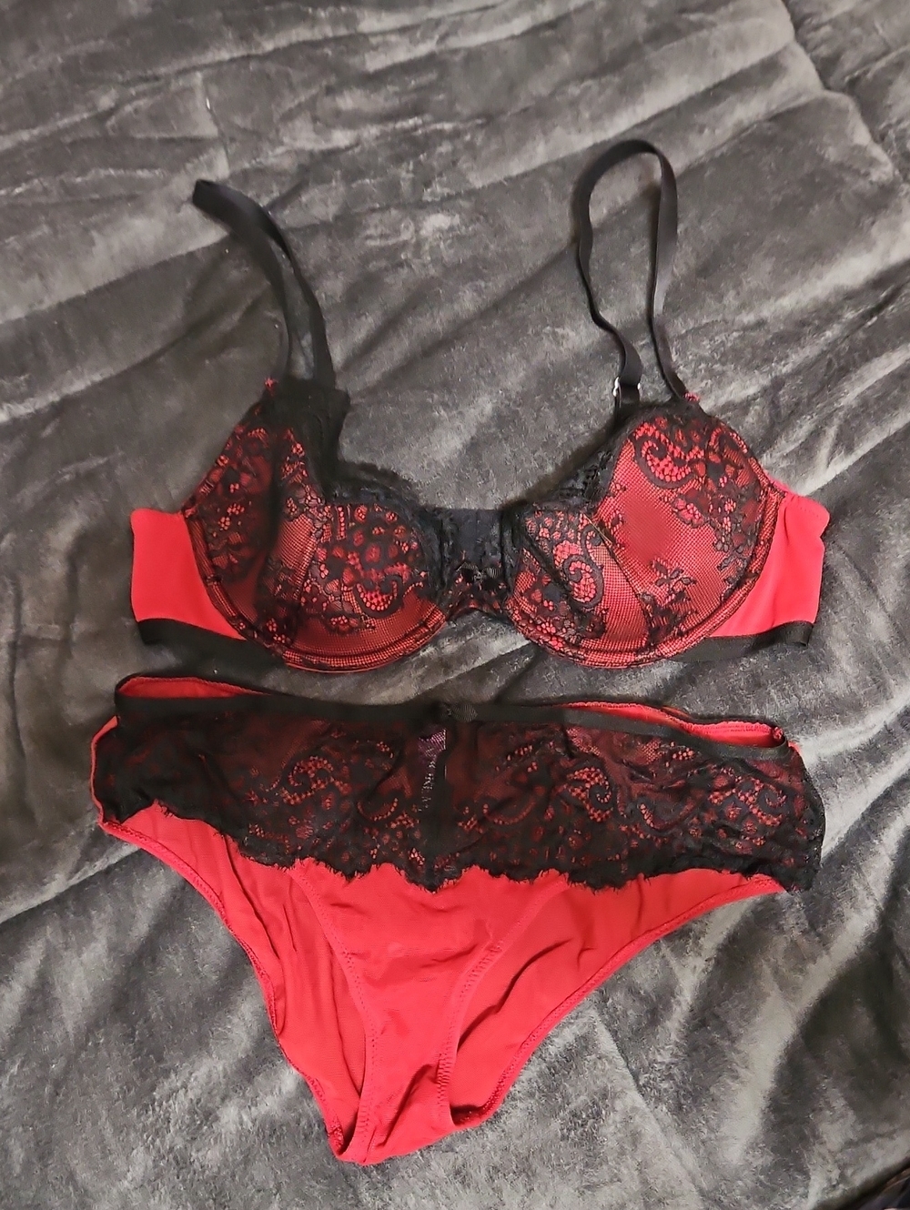 Adore Me Red and Black Lace Underwire Bra & Bikini Set
